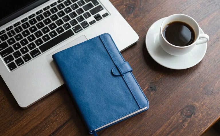 A top-down view of a professional's desk with a laptop, a steel blue notebook, and a clean cup of coffee. The setting is clean and organized, conveying expertise and trustworthy management of financial data.
