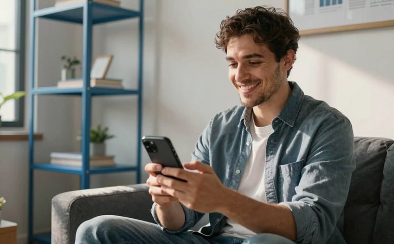 A happy client looking at their mobile phone in a sunlit room with steel blue furniture. The person looks relieved and confident about their financial future.