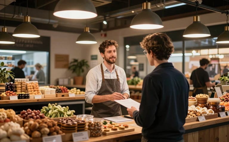A wide-angle, cozy photography shot of a modern food market in Western / European style. An agency professional is seen from behind, planning a marketing strategy with the market owner. The scene is illuminated by warm hanging lamps, creating a professional yet approachable mood.