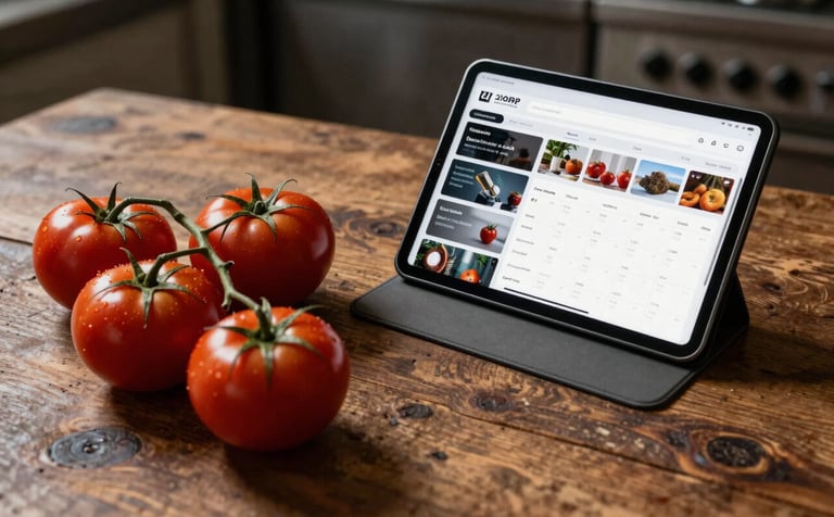 A sophisticated lifestyle photograph of a rustic wooden table in a Western / European restaurant kitchen. Fresh organic vegetables and Deep Ripe Crimson tomatoes are arranged next to a professional tablet displaying a social media content calendar. High-contrast, artisanal aesthetic.