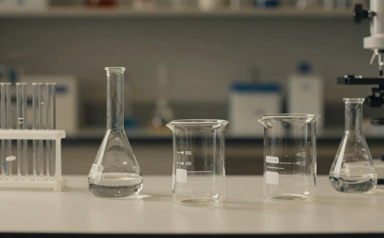 Minimalist setup of scientific glassware and glass beakers in a modern US research facility, soft lighting, ivory and deep charcoal palette, intelligent and clean composition.