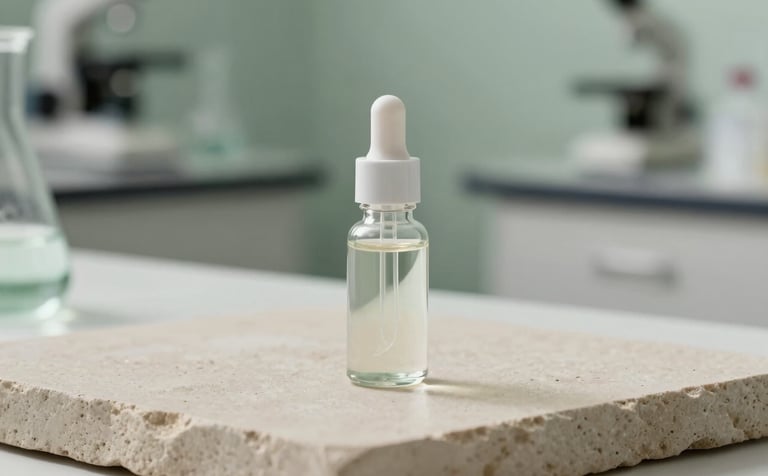 A single minimalist glass serum bottle resting on a smooth soft beige stone surface in a clean, modern North American / US research environment, soft sage green highlights.