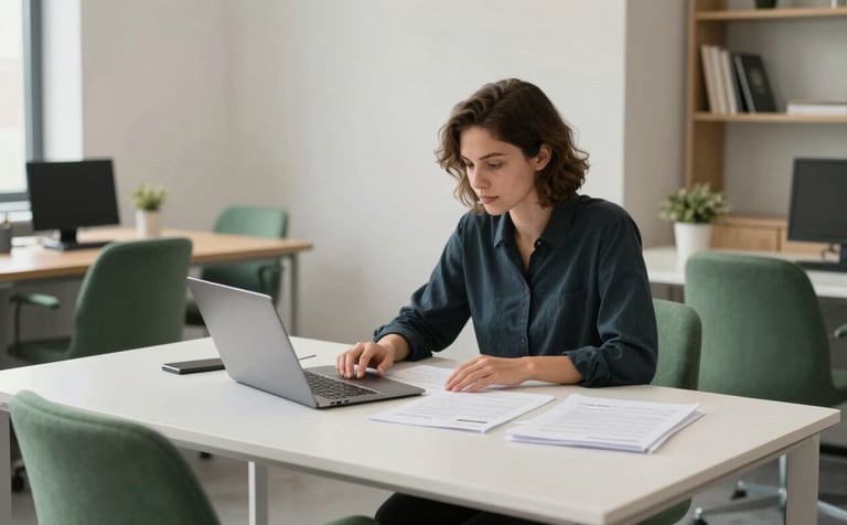 A photograph of a modern, welcoming Scandinavian-style office in North America / European. A professional sits at a clean, white parchment desk, focused on strategic documents. Minimalist furniture in matte forest green and light wood tones. Soft, diffuse lighting complements the calm and trustworthy environment.