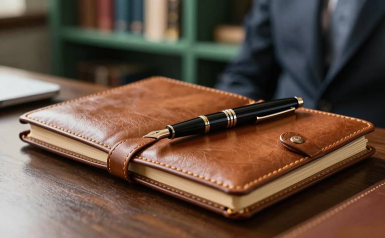 A close-up photograph of a senior manager's workspace in a North American / European professional setting. A rich tobacco leather notebook and a high-end fountain pen rest on a polished surface. In the background, a blurred matte forest green bookshelf adds depth. Lighting is warm and strategic.