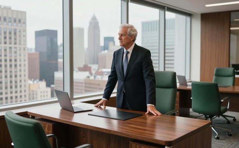 A high-angle photograph of a senior financial executive in a world-class corporate office in North America / European. Through the floor-to-ceiling windows, a city skyline is visible. The office interior features rich tobacco wood desks and matte forest green upholstered chairs. Bright, natural lighting creates a sophisticated and professional atmosphere.