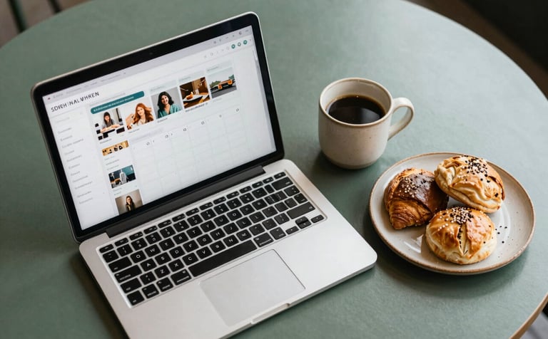 A top-down professional photography shot of a content planner's desk in a North American cafe. A laptop shows a social media calendar, sitting next to a ceramic mug of coffee and a rustic plate of artisanal pastries. The aesthetic is clean and Scandinavian, featuring soft natural light and a palette of Forest Green and Crisp Parchment.