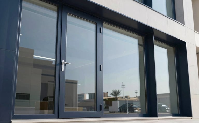 Sleek aluminum window and door frames in a contemporary office building in Riyadh. A perspective shot showing clean lines and high-quality finishing. The palette includes Midnight Navy and Steel Blue. Middle Eastern / Gulf urban setting, bright daylight.