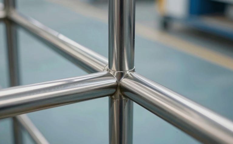 Macro shot of polished stainless steel architectural joints and handrail finishes. The surface reflects a clean, modern Middle Eastern / Gulf industrial workshop. Focus on craftsmanship and quality. Palette features Steel Blue and Soft Cloud.