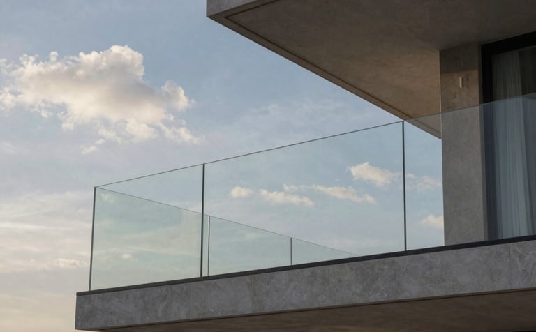 Modern architectural photography of minimalist glass handrails and partitions in a high-end residential villa in Riyadh. The shot highlights the transparency and precision of the glass against a background of Soft Cloud and Steel Blue tones. Professional lighting, Middle Eastern / Gulf luxury interior.