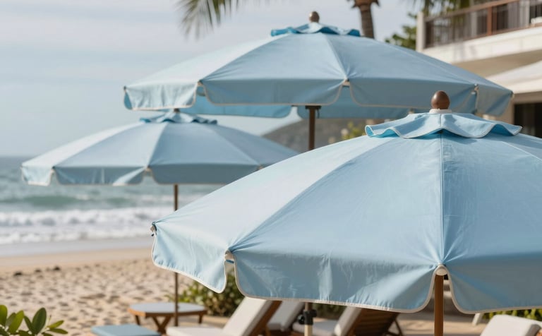 Wide professional shot of several high-end light blue ombrelones lined up at a sophisticated coastal resort in Brazil. The scene communicates scale, professional maintenance, and luxury hospitality.
