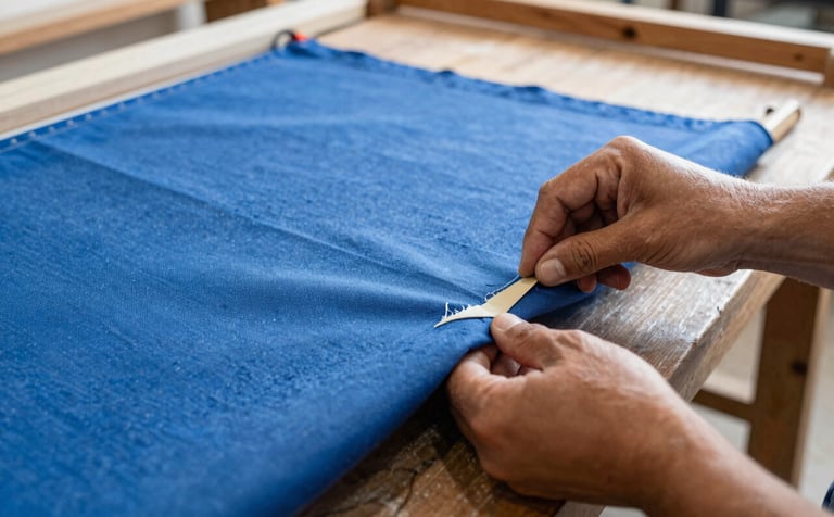 A close-up of a Brazilian artisan in a well-lit workshop professionally restoring an ombrelone. The image shows the process of replacing a worn fabric with a new, high-durability medium blue canvas.