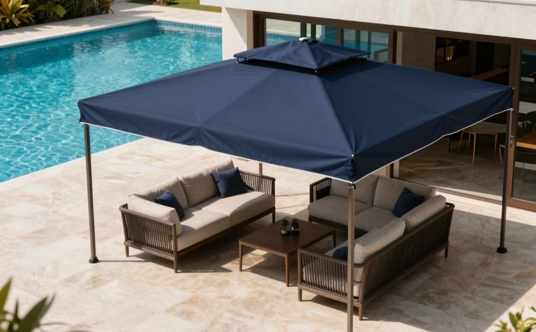 A luxury custom navy blue ombrelone on a high-end Brazilian terrace overlooking a swimming pool. Sophisticated outdoor living space with sun-drenched lighting and clear shadows, emphasizing the premium fabric quality.