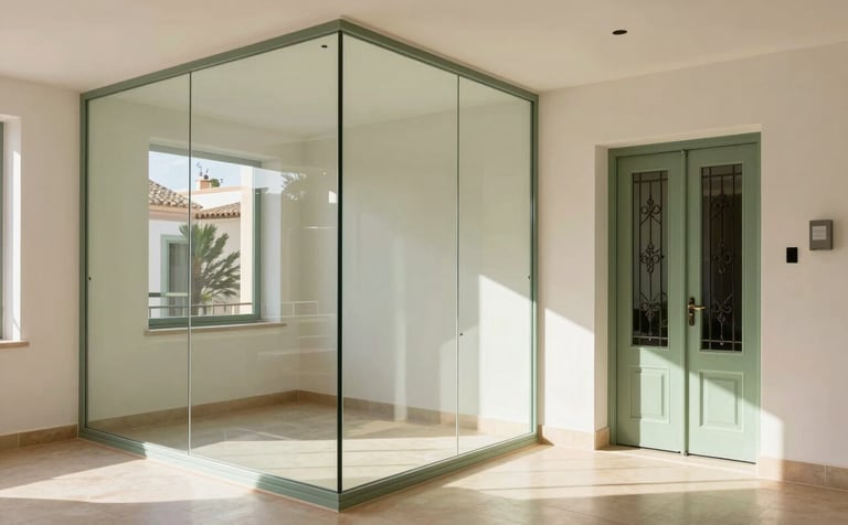 A beautiful residential interior in the Spanish / Aragonese region, showcasing a newly installed glass partition wall and a high-security entrance door. The design is elegant and modern yet fits a traditional home. Sunlight streams in, creating a warm, creamy white and pale sage green aesthetic.