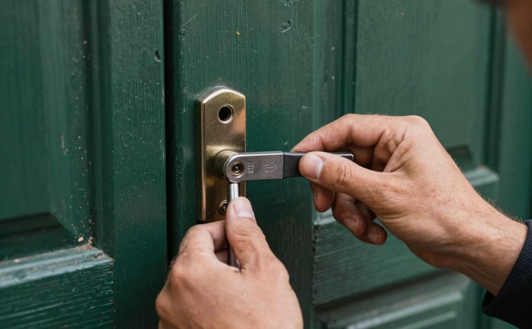 Close-up of a professional locksmith's hands working on a high-security lock on a sturdy wooden door, typical of Spanish / Aragonese architecture. The tools are professional and well-maintained. The atmosphere is one of trust and reliability, with forest green and deep charcoal green tones in the background.