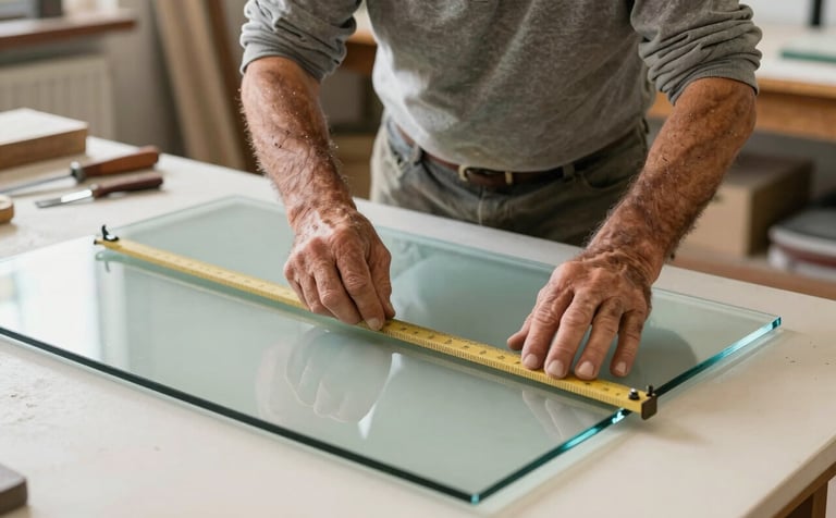 A skilled craftsman in a workshop in Teruel, Spain, carefully measuring a large pane of glass. The lighting is natural and bright, highlighting the texture of the tools and the clarity of the glass. The scene conveys expertise and 40 years of tradition, with a pale sage green and creamy white color palette in the surroundings.