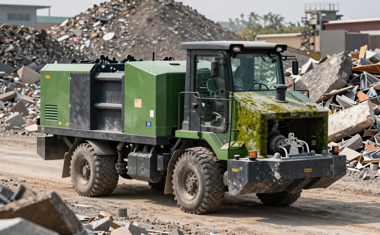 A powerful mobile stone crusher processing construction rubble on a South African site, highlighting the reuse of materials. The machinery features industrial charcoal and moss green accents, set against a backdrop of recycled aggregates.