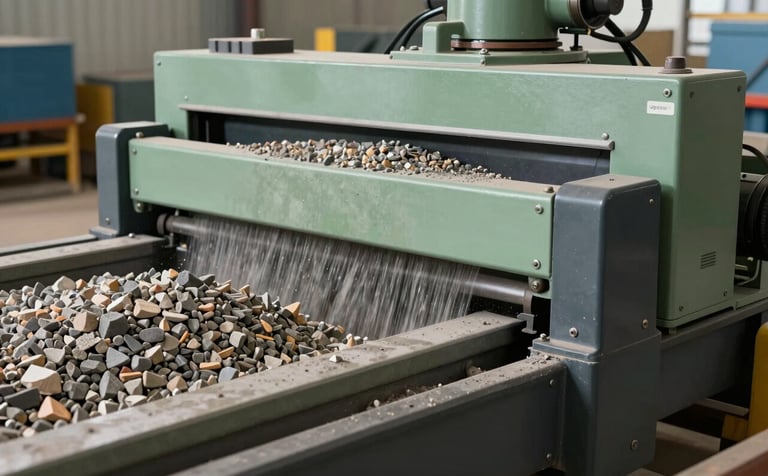 Industrial screening equipment in a South African mining environment, sorting gravel into precise sizes. The equipment is clean and modern, colored in sage green and charcoal tones, emphasizing a professional and eco-conscious operation.