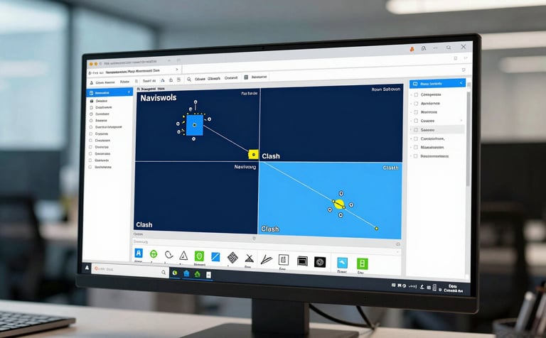 A medium shot of a computer screen in a professional North American / US construction management office showing a detailed Navisworks clash detection interface. Components are highlighted in midnight blue and sky blue. The background shows a blurred, high-tech office environment with soft alice blue accents.
