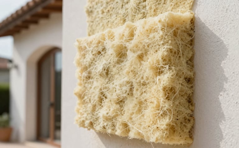 Detail shot of mineral wool insulation being applied to an exterior wall of a Mediterranean residential villa. The texture is fibrous and professional, with soft natural lighting and a clean, organized work environment reflecting responsibility and quality.