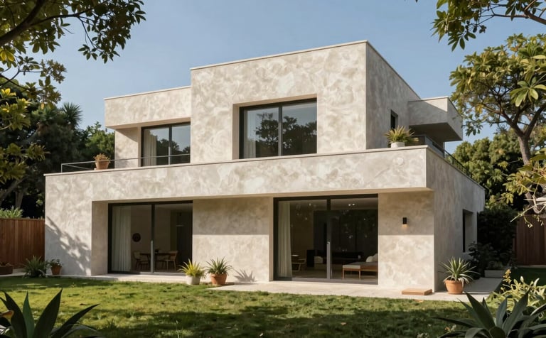 A beautiful modern Spanish home with a smooth, eco-friendly textured facade finish. The house is surrounded by lush green trees, emphasizing environmental responsibility and sophisticated architecture under a clear blue sky.