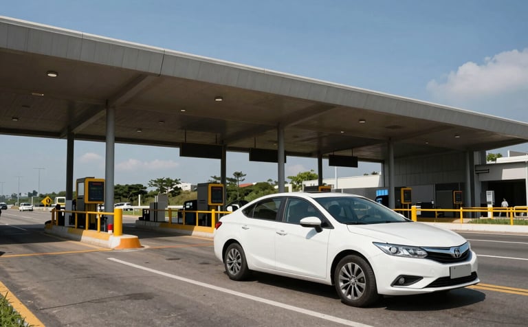 A professional photograph of a white sedan passing through a modern Brazilian highway toll plaza under bright daylight. The scene highlights efficiency and clean architectural lines of the infrastructure, with a clear sky in the background.