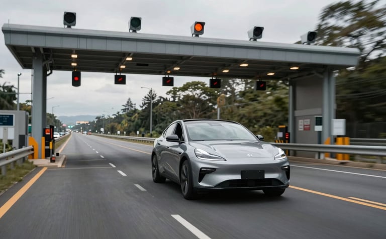 A sleek vehicle driving through a Free Flow electronic toll gantry on a high-quality South American highway. The composition is dynamic, showing motion blur and the modern sensors above the road, conveying seamless connectivity.