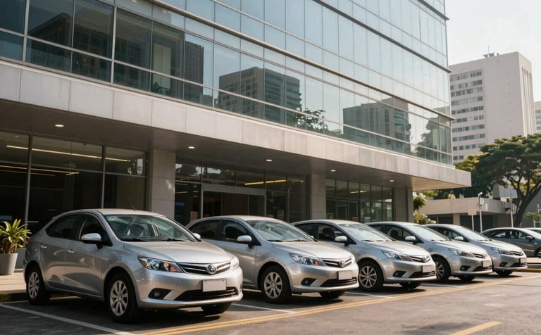 A corporate fleet of silver cars parked in front of a modern glass office building in a Brazilian business district. The lighting is crisp afternoon sun, emphasizing a professional and reliable business environment.