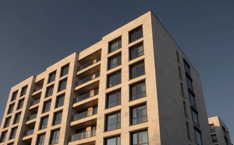 A low-angle, wide shot of a modern architectural residential building with clean lines and large glass windows. The building is made of soft off-white stone and is illuminated by the warm, golden glow of a setting sun. The sky is a deep, sophisticated dark charcoal.