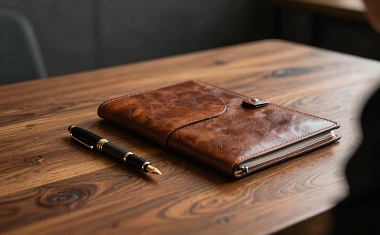 A close-up photograph of a professional meeting setting. A high-end wooden table holds a fountain pen and a leather-bound folder. The lighting is focused and warm, highlighting the rich textures of the warm stone-colored table against a dark charcoal background.