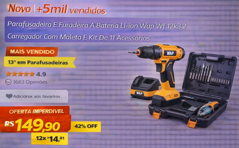 Parafusadeira e furadeira a bateria WAP 12V com maleta e kit de 11 acessórios em oferta.
