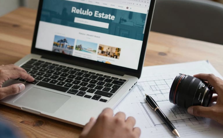 A close-up of a wooden desk with a modern laptop showing a real estate website, a pen, and architectural blueprints, South Asian hands visible, soft professional focus, teal and dark blue accents.