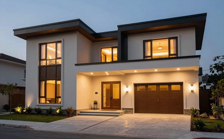 A wide-angle professional photograph of a beautiful contemporary South Asian home exterior at dusk, warm interior lights glowing, clean lines, professional real estate marketing style.