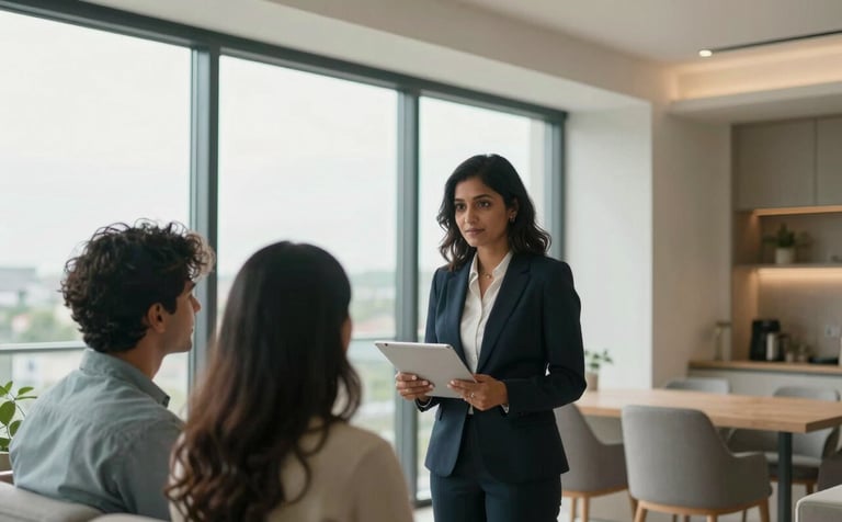 A professional South Asian woman real estate agent showing a luxury modern apartment with large windows to a young couple, warm natural lighting, soft teal and off-white interior tones, professional architectural photography.
