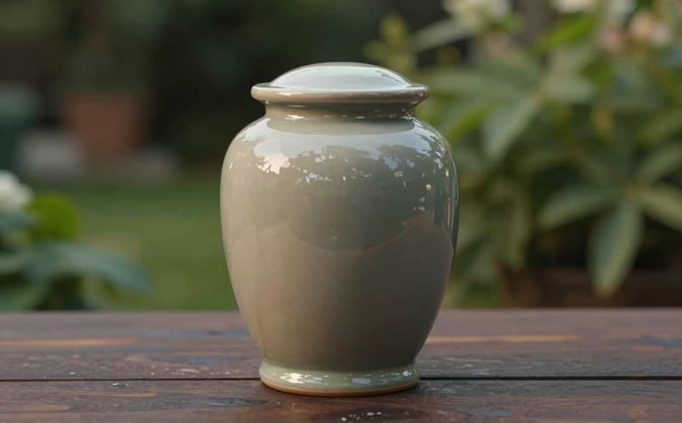 A close-up shot of a handcrafted ceramic pet urn sitting on a dark wooden surface. In the background, a soft-focus view of a lush garden with muted green leaves (#6C7C71). The lighting is warm and comforting. The urn is a subtle #B5C0B7 color, symbolizing peace and dignity for a beloved pet.