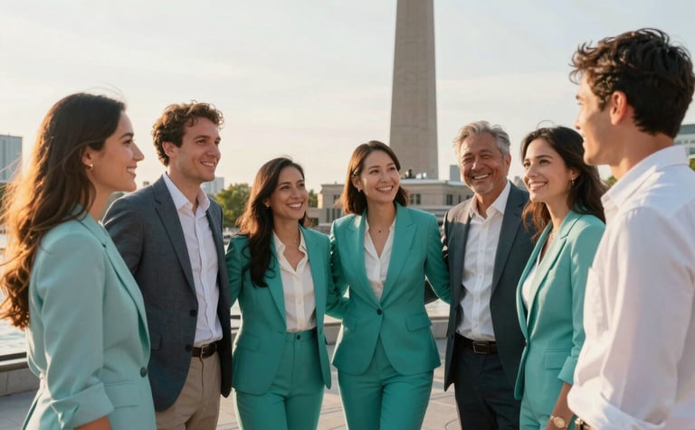 A heartwarming photography scene of a group celebrating near a landmark in a North American / Canadian city. The lighting is golden hour, creating an approachable and successful mood. The subjects wear professional-casual attire in vibrant sea teal and crisp mist tones.