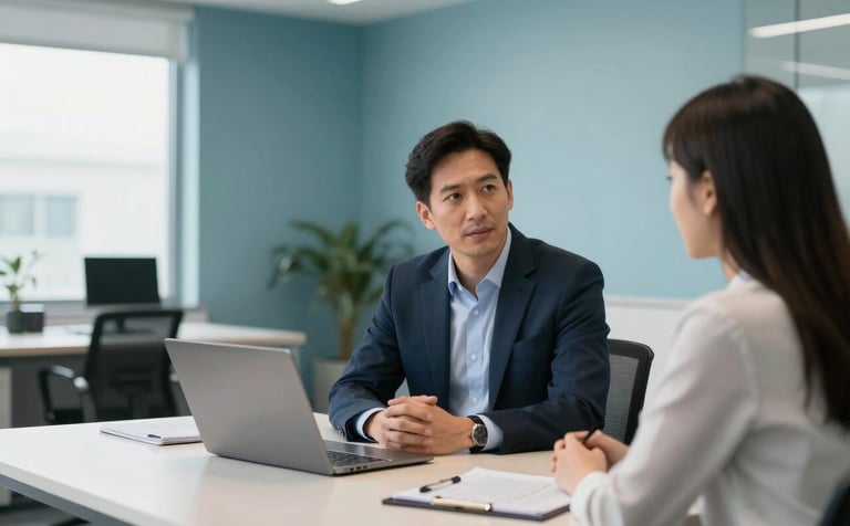 A professional photography shot of a consultant in a modern North American / Canadian office providing expert advice to a client. The composition is clean and bright with natural lighting. The office interior features sophisticated accents in dark slate teal and pale sky blue, reflecting a trustworthy and professional atmosphere.