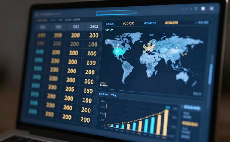 A sophisticated digital interface displaying lottery numbers and global market charts. The scene features a clean, modern aesthetic with glowing blue highlights (#28425F) and gold accents (#C0A272), symbolizing security and wealth. Professional and sleek studio lighting.
