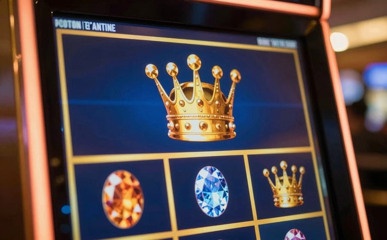 Close-up of a high-end, premium slot machine screen showing golden crown and gem symbols. The atmosphere is exclusive and thrilling, with cinematic lighting and a color palette featuring deep blues (#0A1D2F) and rich gold (#C0A272). High-resolution digital art style.