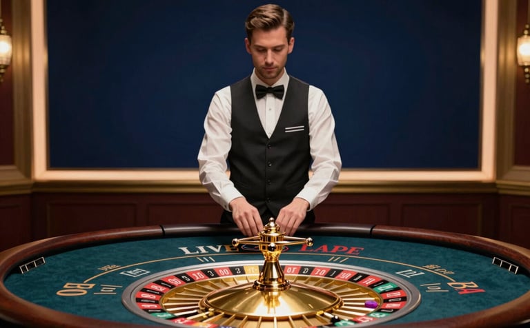 A luxurious Live Casino studio setting. A professional dealer in a sharp vest is seen behind a polished roulette table. The lighting is warm and upscale, highlighting textures of wood and gold (#C0A272) against a deep navy background (#0A1D2F). Elegant and trustworthy vibe.