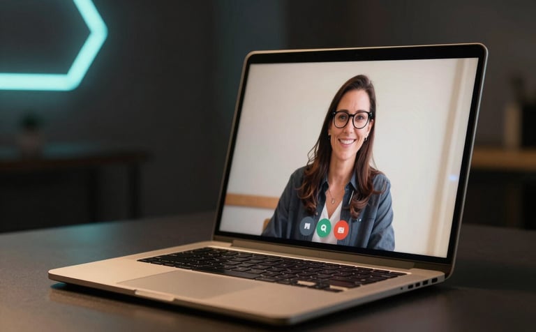 A professional laptop on a dark desk, screen glowing with a metallic gold video call interface. Background blurred with subtle neon cyan starlight effects. Cinematic lighting.