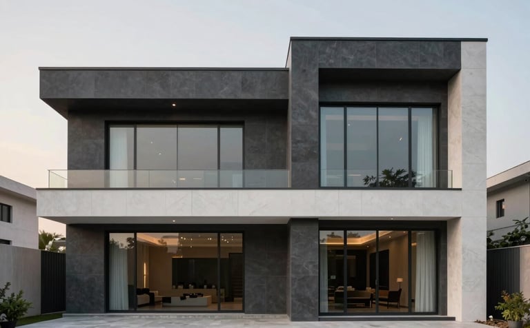 A modern, minimalist architectural facade of a luxury villa in Lahore. The design features clean lines, charcoal grey and white stone textures, and floor-to-ceiling glass windows. Elegant South Asian / Pakistani residential architecture under a warm evening sky.