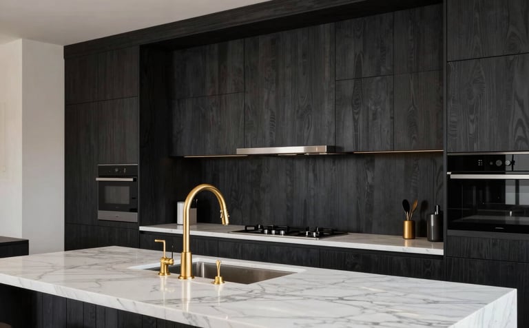 A luxury modern kitchen interior. Features dark charcoal modular cabinetry, white marble island, and elegant gold faucets. Meticulous detail on wood textures and lighting. Professional interior photography in a premium South Asian residence.