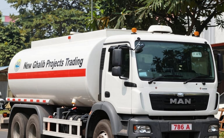 A crisp, commercial photograph of a large fuel delivery tanker parked at a construction site in a Middle Eastern / Omani industrial zone. The truck is clean and professional with deep navy blue details. The background shows Muscat's industrial landscape under a bright, midday sun.