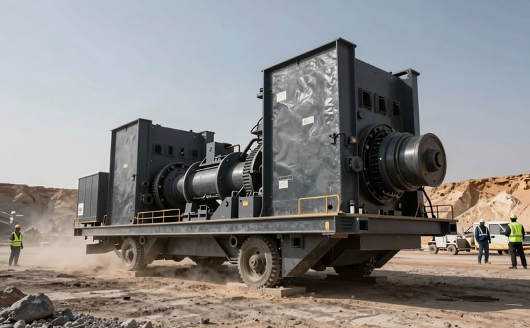 A powerful low-angle commercial photograph of a large industrial rock crusher operating in a dusty Omani quarry. The scene is set against a clear desert sky. Professionals in safety gear are visible in the background in this Middle Eastern / Omani industrial environment. Tones of dark charcoal and slate grey.