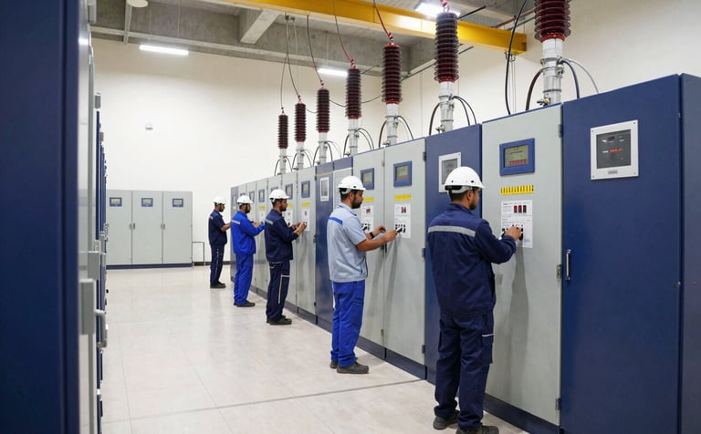 A wide-angle, professional photograph of skilled electrical technicians in a modern Middle Eastern / Omani industrial substation. They are working on high-voltage power distribution panels. The lighting is bright and industrial, with accents of deep navy blue and slate grey equipment.