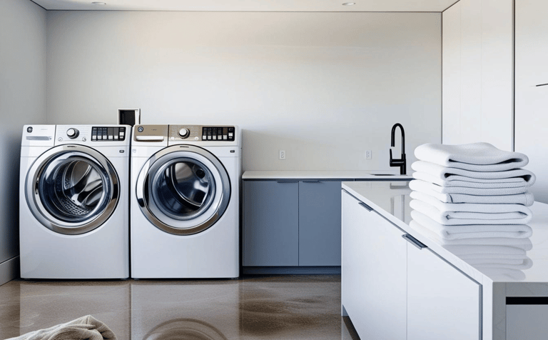 lavanderia com maquina de lavar e secadora de roupas