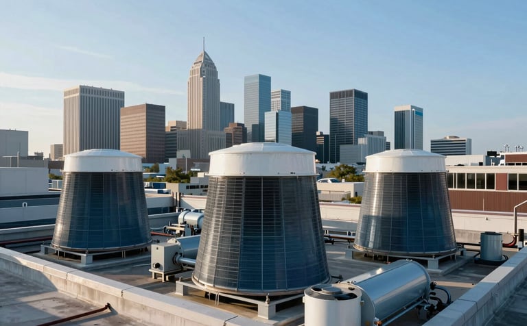 Photography of industrial commercial cooling units on a rooftop under a clear sky. A modern North American / US business district skyline is in the distance. Wide-angle shot, professional aesthetic with steel blue and ice white tones.