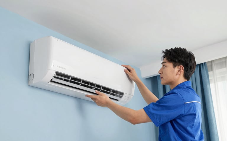 Photography of a professional technician in a clean uniform installing a sleek, modern white indoor air conditioning unit in a bright North American / US living room. The room is decorated with light blue and steel blue accents. High-key lighting, professional composition.