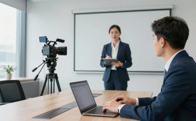 Professional hybrid meeting setup in a modern Bogor corporate office. A single high-end 4K camera on a tripod directed at a speaker, professional lighting, and a technical operator monitoring the stream on a laptop. Clean, minimal aesthetic with accents of #0E1C28 and #6DA4BF in the environment.