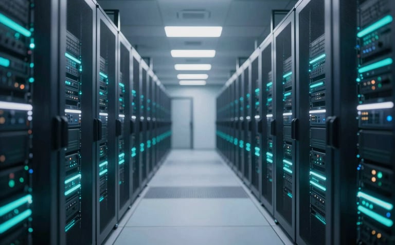 A high-tech data center hallway with rows of server racks illuminated by neon teal and white LED indicators. The composition is a symmetrical vanishing point perspective, conveying efficiency and vast scale. The color palette includes #0A1D2B and #2C5F6F, with sharp, professional lighting.